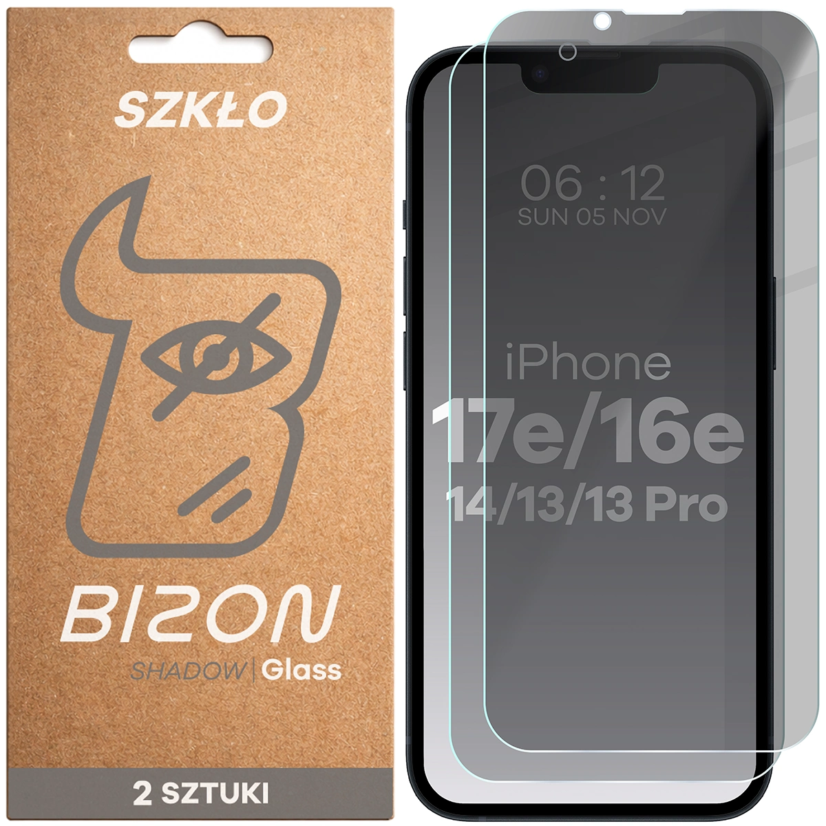 Pudełko i szkło prywatyzujące Bizon Glass Clear Shadow Duo do Apple iPhone 17e / Apple iPhone 16e / Apple iPhone 14 / Apple iPhone 13 Pro / Apple iPhone 13